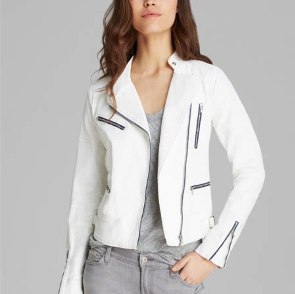 7 For All Mankind White Cotton Moto Jacket - Size Medium